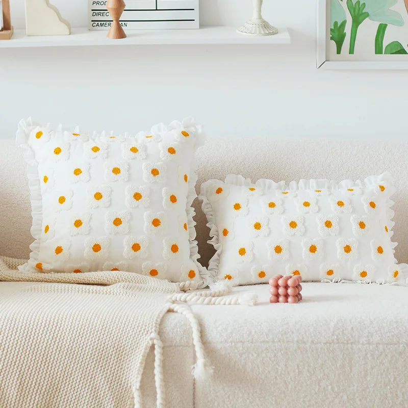 Floral Embroidery Yellow White Fringed Pillow Cover 45x45cm/30x50cm Afralia™ for Living Room Bed