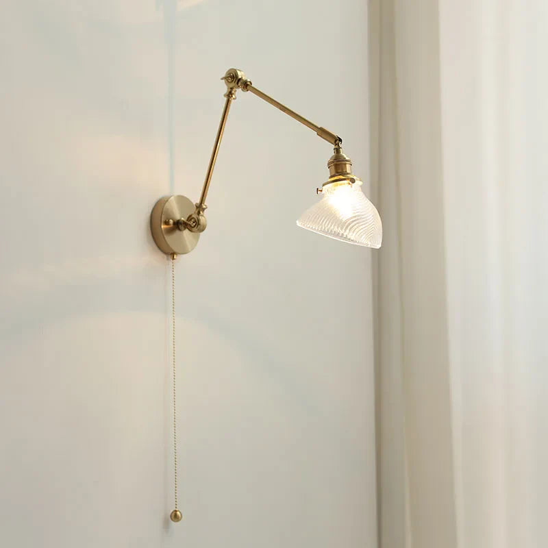Afralia™ Copper Glass LED Wall Light with Pull Chain Switch, Swing Arm Sconce