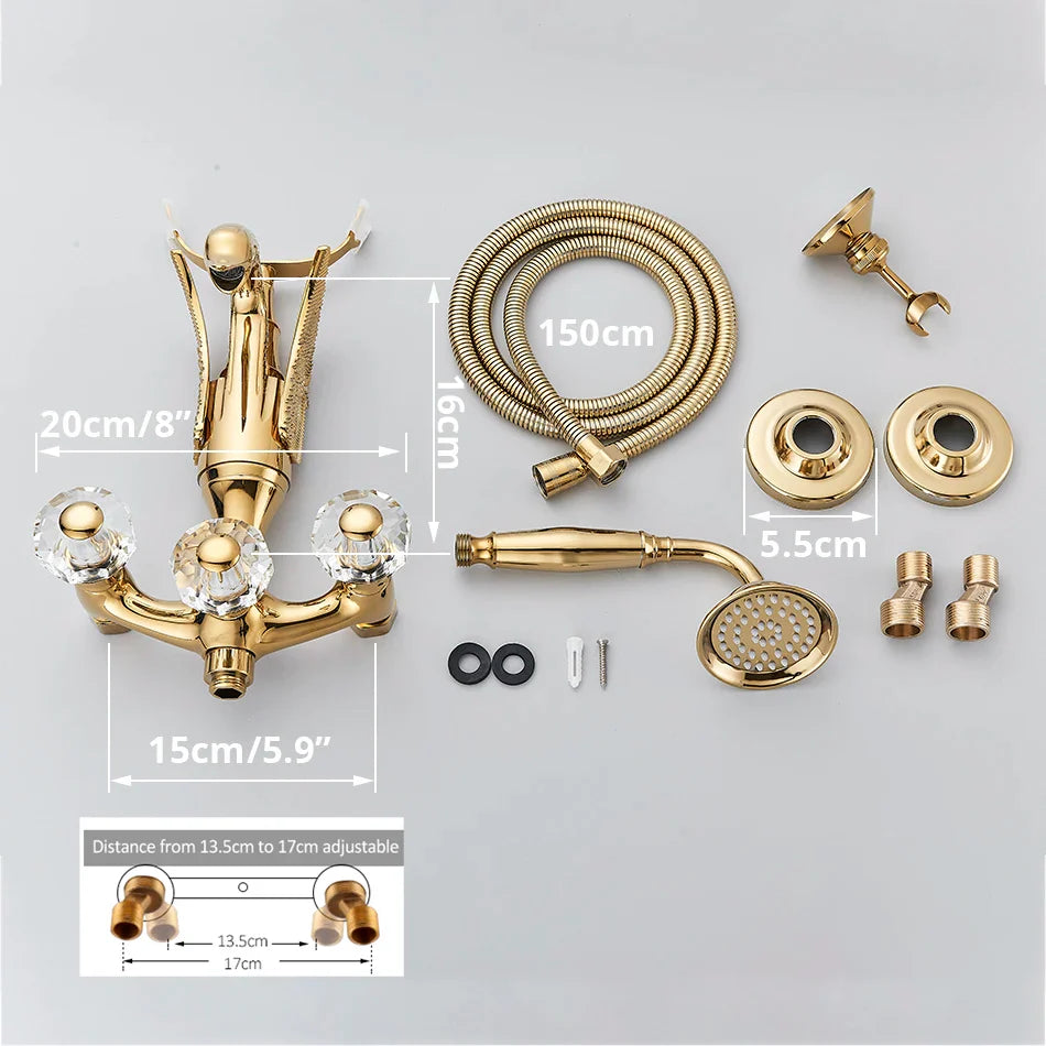 Afralia™ Swan Golden Bathroom Tub Faucet with Crystal Handwheel and Handshower