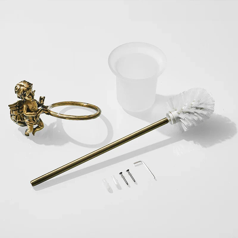 Afralia™ Classic Angel Brass Toilet Brush and Holder Set for Bathroom