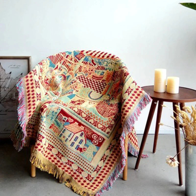 Afralia™ Bohemian Knitted Sofa Cover with Tassels - Soft Double Sided Couch Blanket