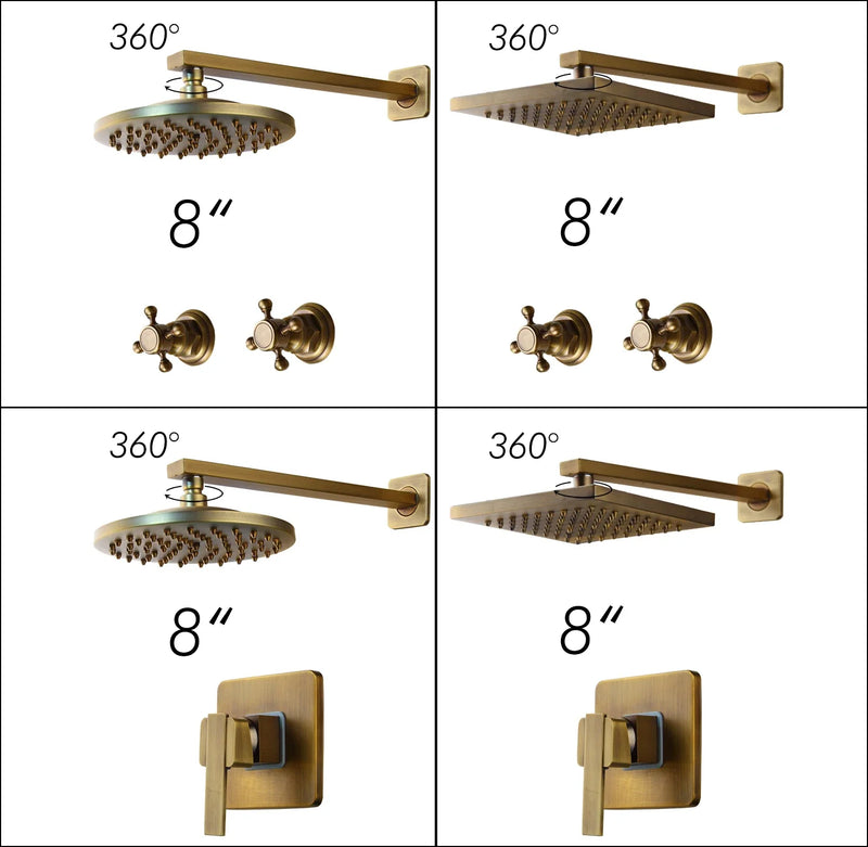 Afralia™ Antique Brass Round Wall Mounted Rainfall Shower Faucet Set with 2 Handles