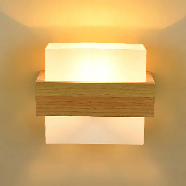 Afralia™ Nordic Wood Glass Wall Lamp E27 LED Bedroom Entrance Indoor Light