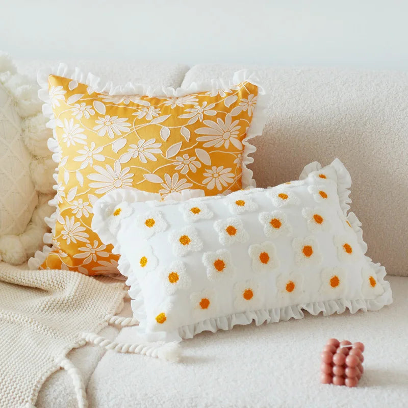 Floral Embroidery Yellow White Fringed Pillow Cover 45x45cm/30x50cm Afralia™ for Living Room Bed