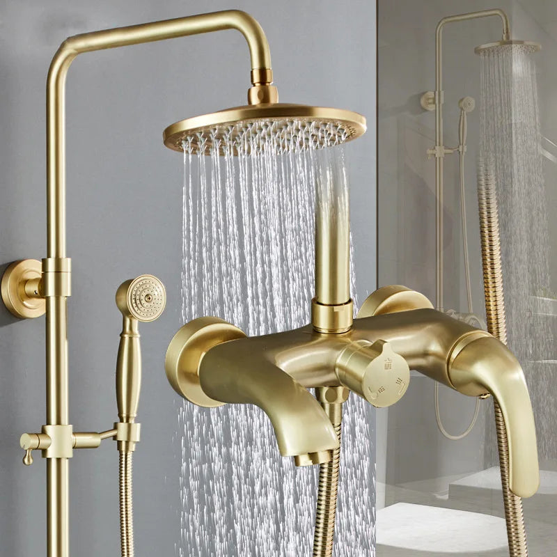 Afralia™ Brushed Gold Rainfall Shower Set Mixer Tap Tub Bathtub Faucet Brass