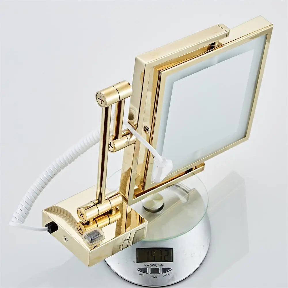 Afralia™ Gold LED Wall Mounted Makeup Mirror 3X/1X Folding Square Cosmetic Mirror