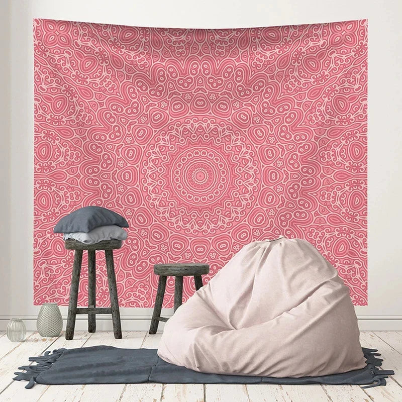 Afralia™ Pink Indian Mandala Print Boho Tapestry Wall Hanging Beach Towel Yoga Mat