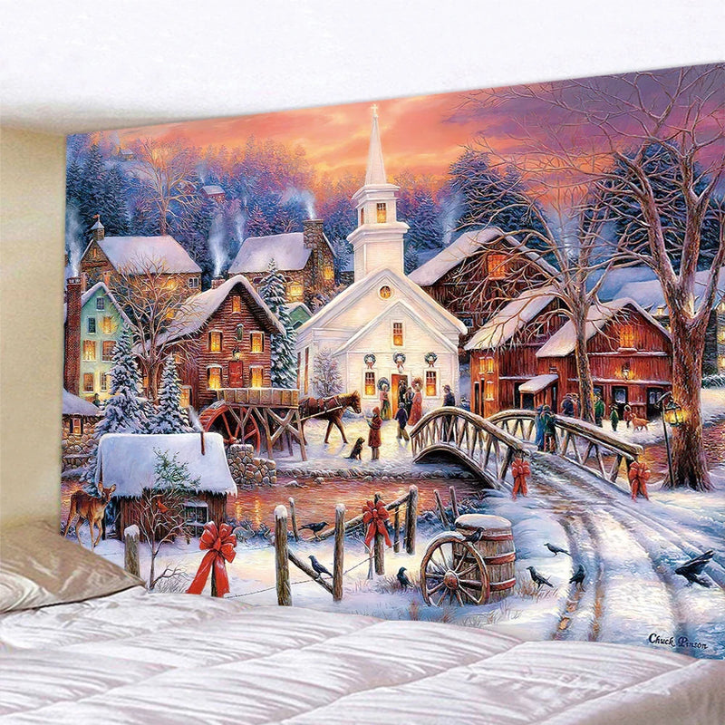 Afralia™ New Year Christmas Snow Scene Oil Painting Tapestry Bohemian Home Decor