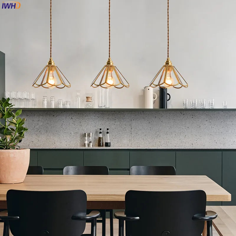 Afralia™ Japanese Vintage Glass Copper LED Pendant Lamp for Bedroom, Bar, Cafe