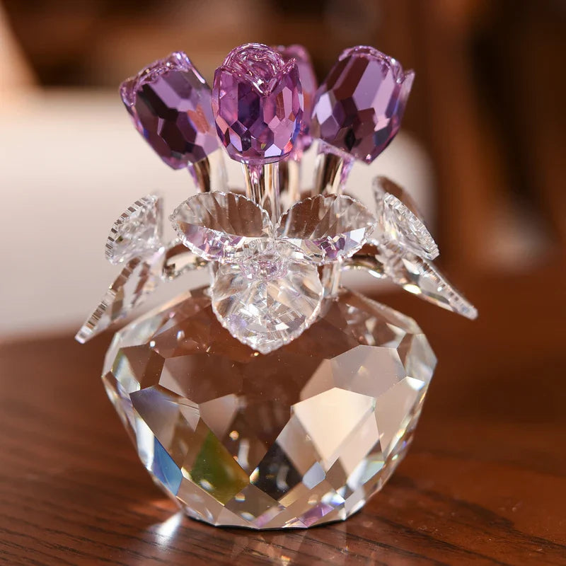 Afralia™ Crystal Rose Flower Dreams Glass Paperweight Bouquet Sculpture