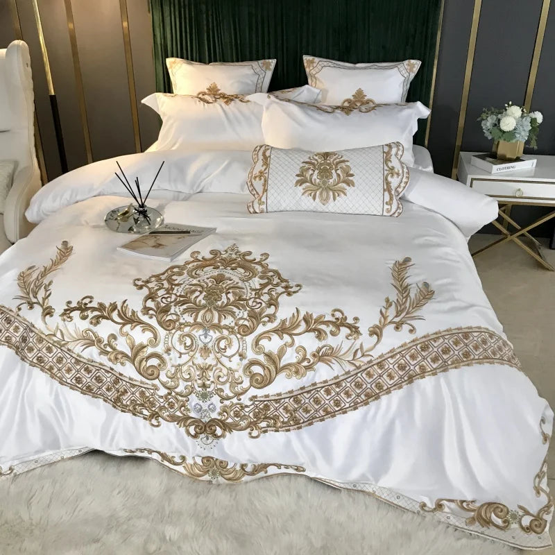 Afralia™ White Satin Cotton Bedding Set with Royal Gold Embroidery