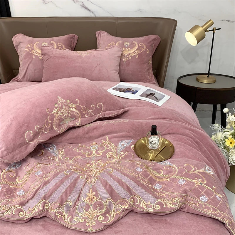 Afralia™ Luxury Velvet Embroidered Bedding Set with Plush Quilt Cover & Bed Sheet