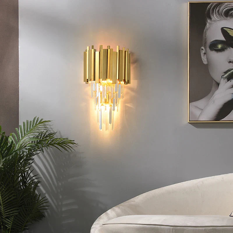 Afralia™ Crystal Golden LED Wall Sconce Stainless Steel Postmodern Art Deco Wall Light