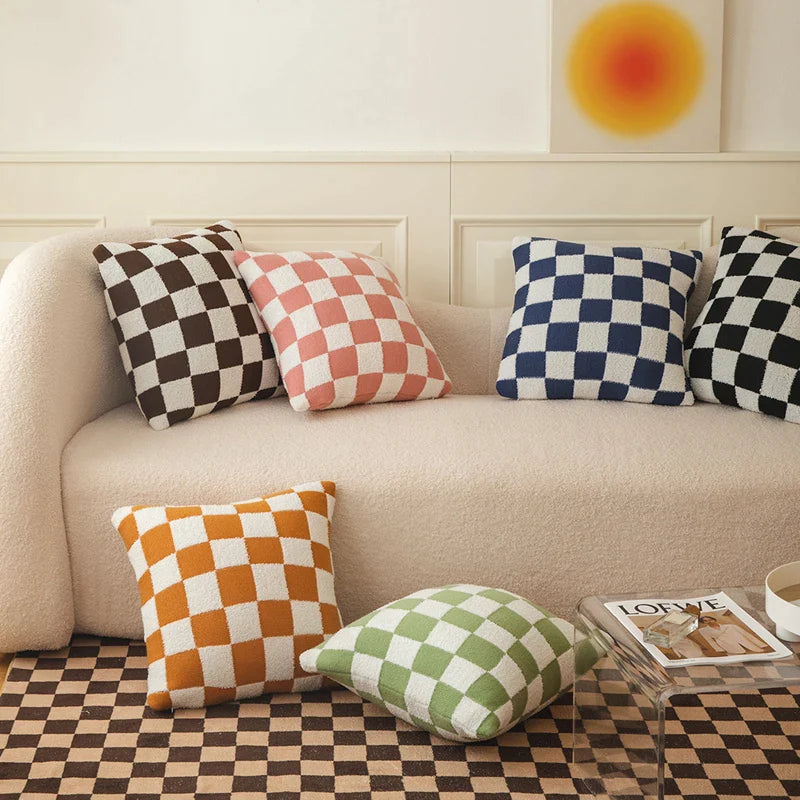 Afralia™ Checkered Flocking Cushion Cover in Black Orange Green for Home Decor