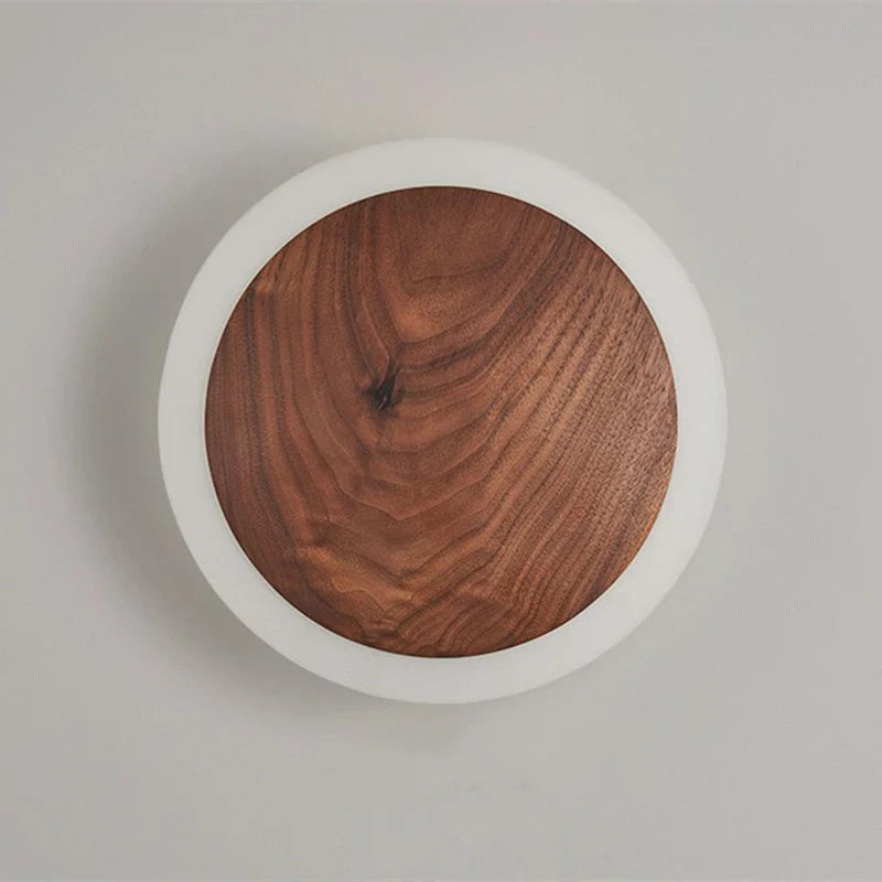 Afralia™ Walnut Round Solid Wood LED Wall Light for Bedroom Living Room Kitchen