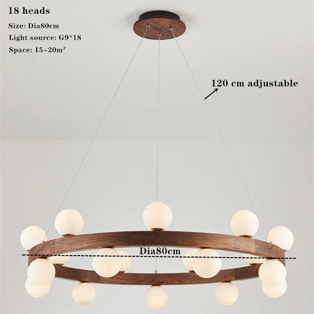 Afralia™ Round Glass Solid Wood Walnut Chandelier, Elegant Pendant Light for Living Dining Bedroom