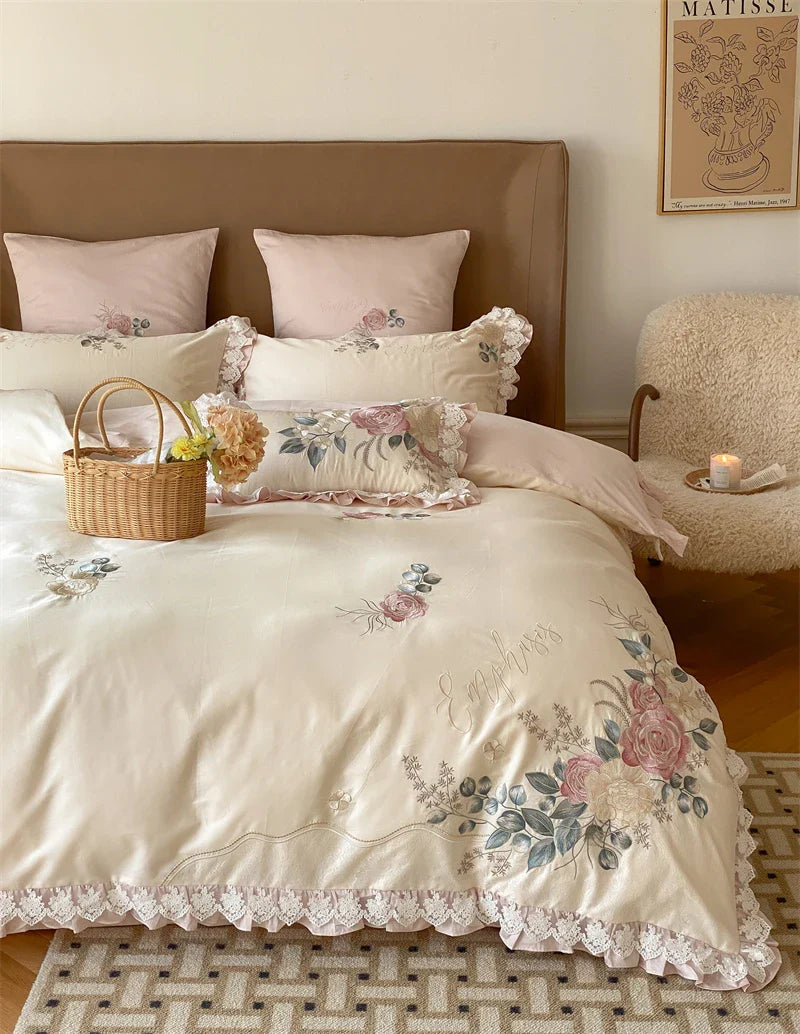 Afralia™ French Princess 1000TC Cotton Bedding Set with Flowers Embroidery and Ruffles