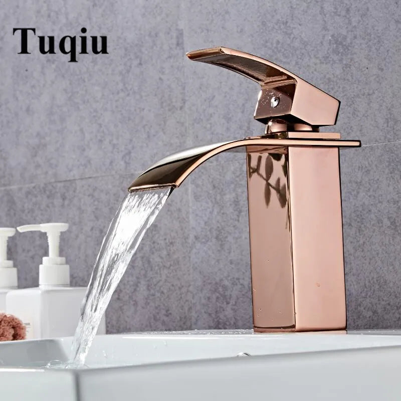 Afralia™ Rose Gold Brass Basin Faucet Waterfall Mixer Single Handle Deck Mounted