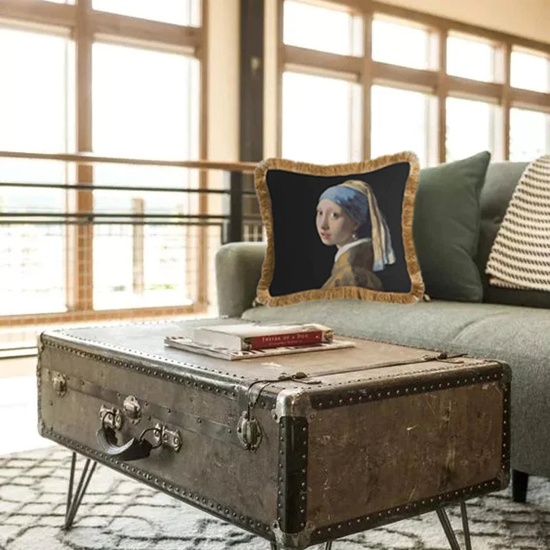 Afralia™ Retro Girl With a Pearl Earring Velvet Tassel Pillow Case