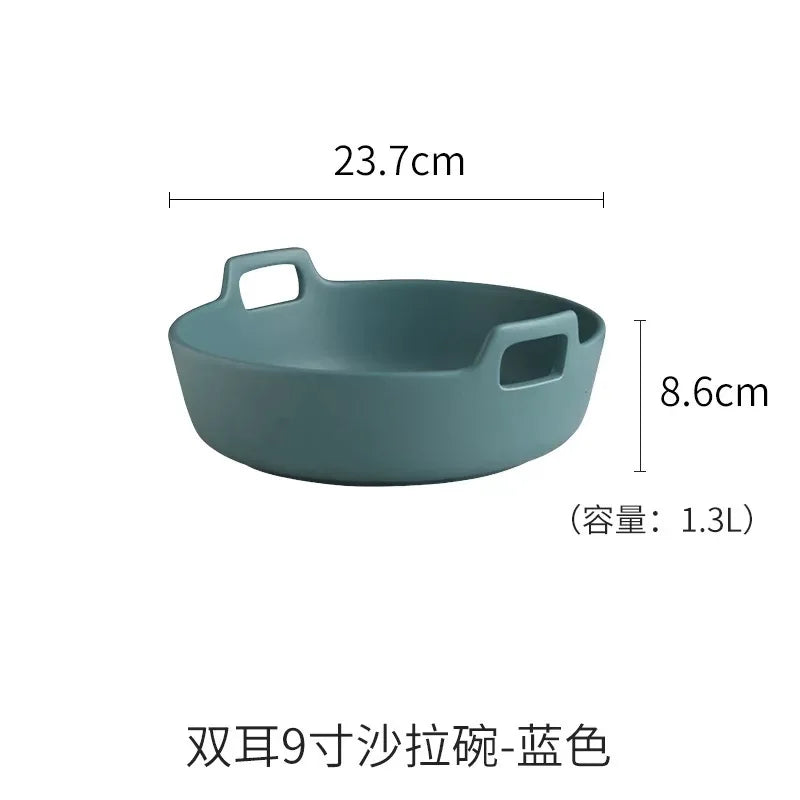 Afralia™ Ceramic Double Handle Salad Bowl | Deep Porcelain Serving Dish