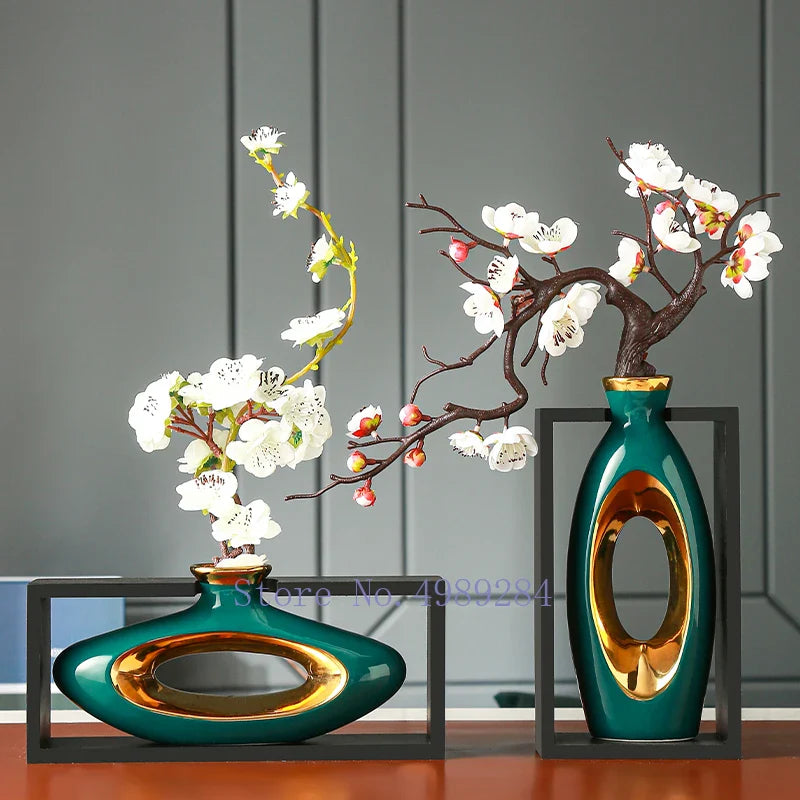Afralia™ Chinese Style Ceramic Vase in Wooden Frame for Modern Home Decor
