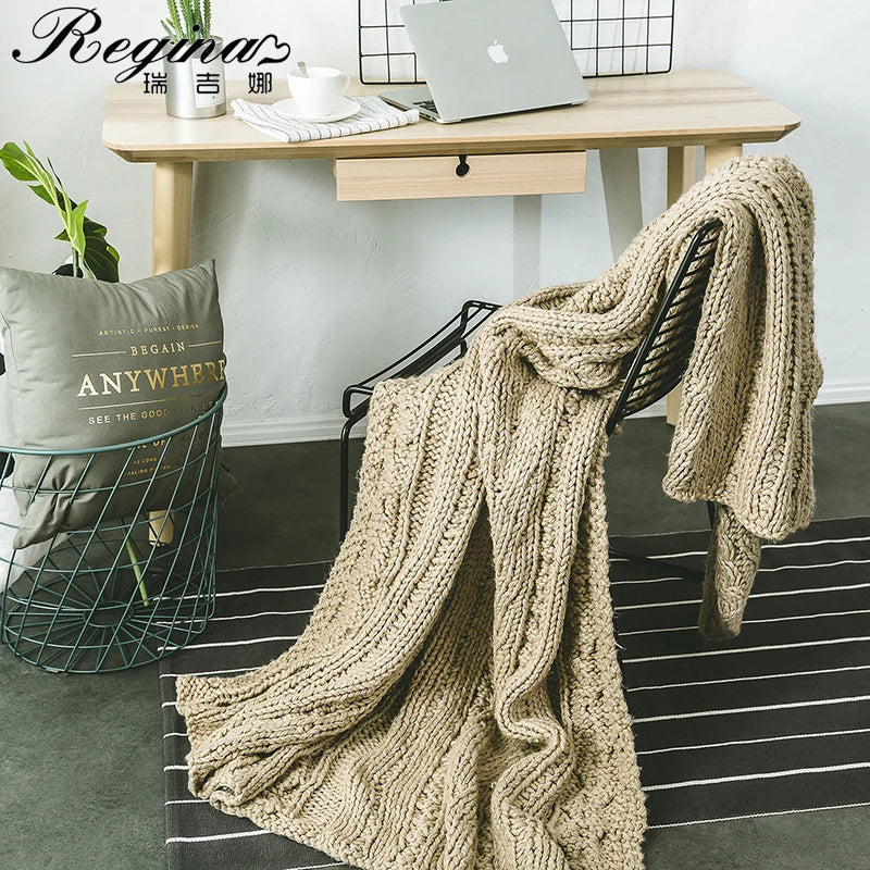 Afralia™ Khaki Beige Chunky Knit Wool Blanket