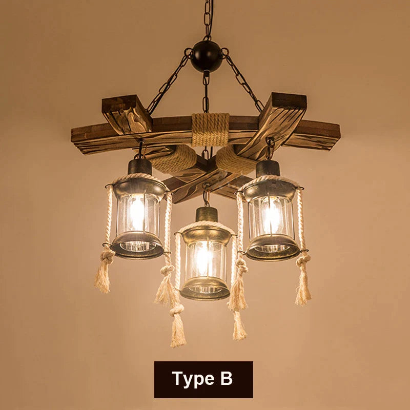 Afralia™ Retro Hemp Rope Chandelier Wood Pendant Light for Bar, Restaurant, Salon