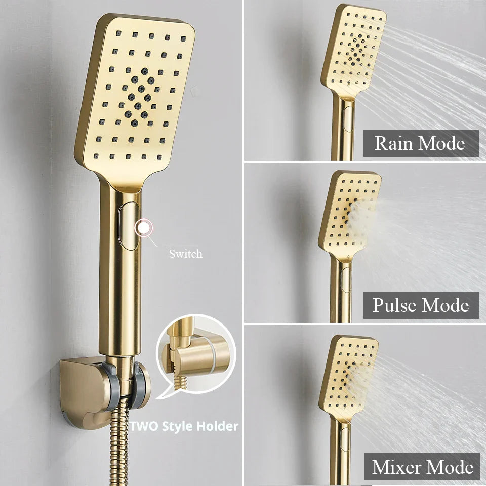 Afralia™ Brushed Gold Shower Faucet Mixer Set with Wall Mount Black Control Valve