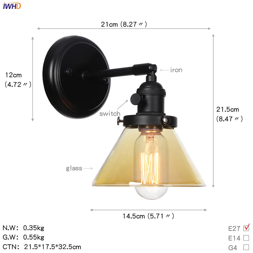 Afralia™ Loft Glass Ball Wall Light Switch Black Wall Sconces - Industrial Decor