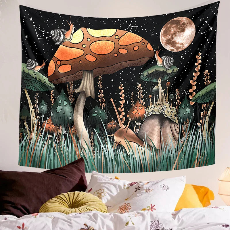 Afralia™ Mushroom Moon Psychedelic Snail Mandala Wall Tapestry Hippie Fantasy Decor