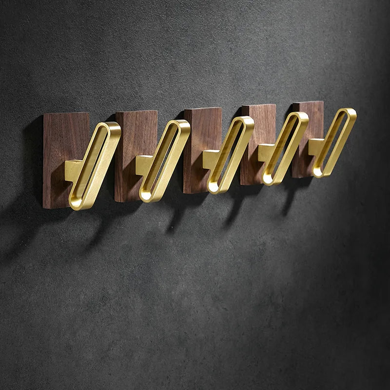 Afralia™ Brass Brushed Gold Wall Hook for Bathroom and Kitchen with Wood Accent