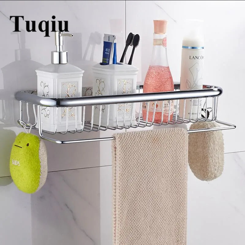 Afralia™ Gold Brass Bathroom Shelf with Towel Hanger, Shampoo Holder, and Basket