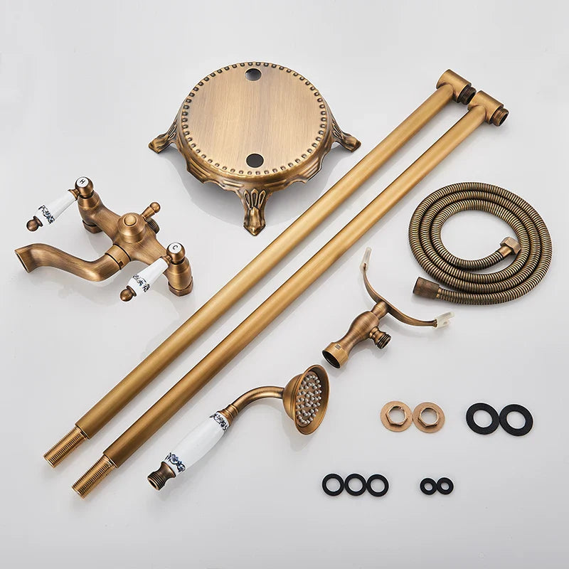 Afralia™ Antique Brass Freestanding Bathtub Filler with Hand Shower