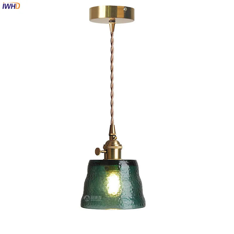 Afralia™ Green Glass LED Pendant Light - Japanese Style Nordic Copper Hanging Lamp
