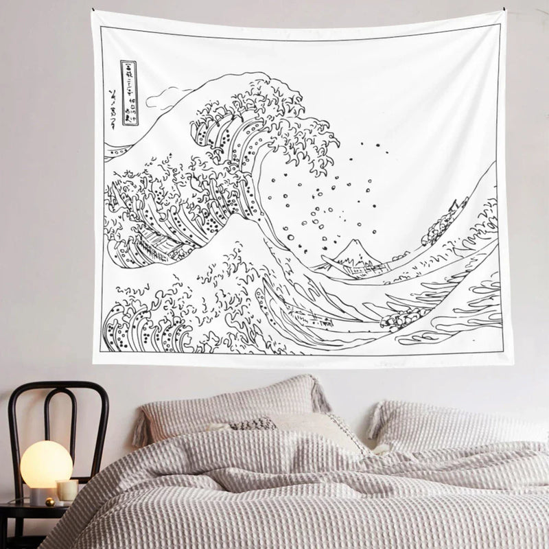 Afralia™ Kanagawa Wave Black White Tapestry Japanese Surfing Vintage Art Wall Hanging