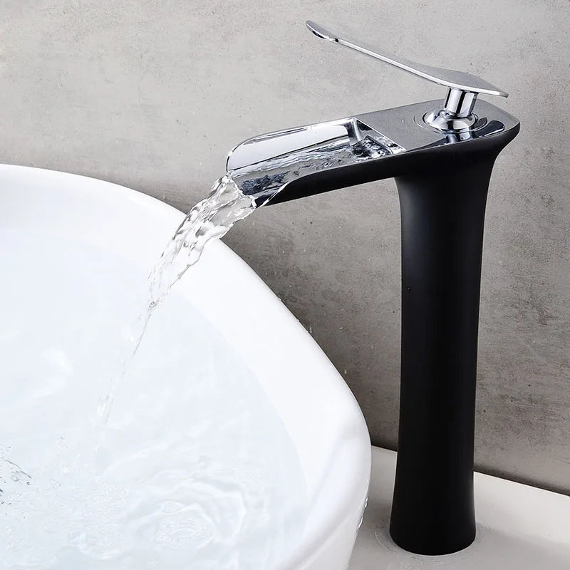 Afralia™ Gold Waterfall Bathroom Basin Faucet, White Mixer Tap Hot Cold Sink Plugin