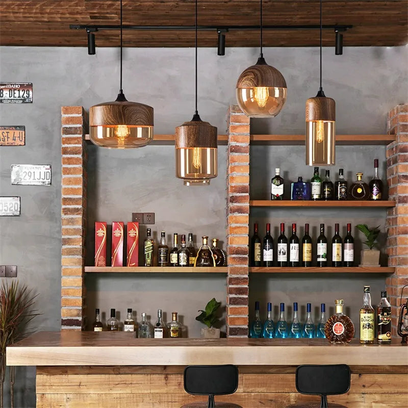 Afralia™ Nordic Wood Color LED Glass Pendant Lights for Dinning Room, Bedroom, Cafe - Modern Hanging Lamp