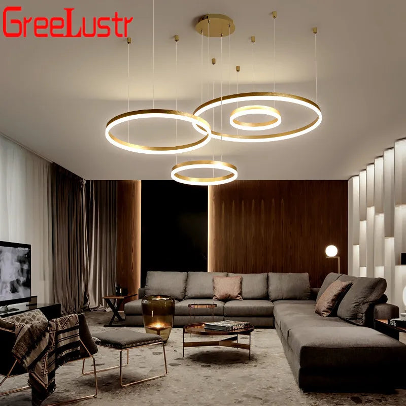 Afralia™ LED Chandelier Rings Pendant Light - Coffee Gold Dimmable Ceiling Lamp