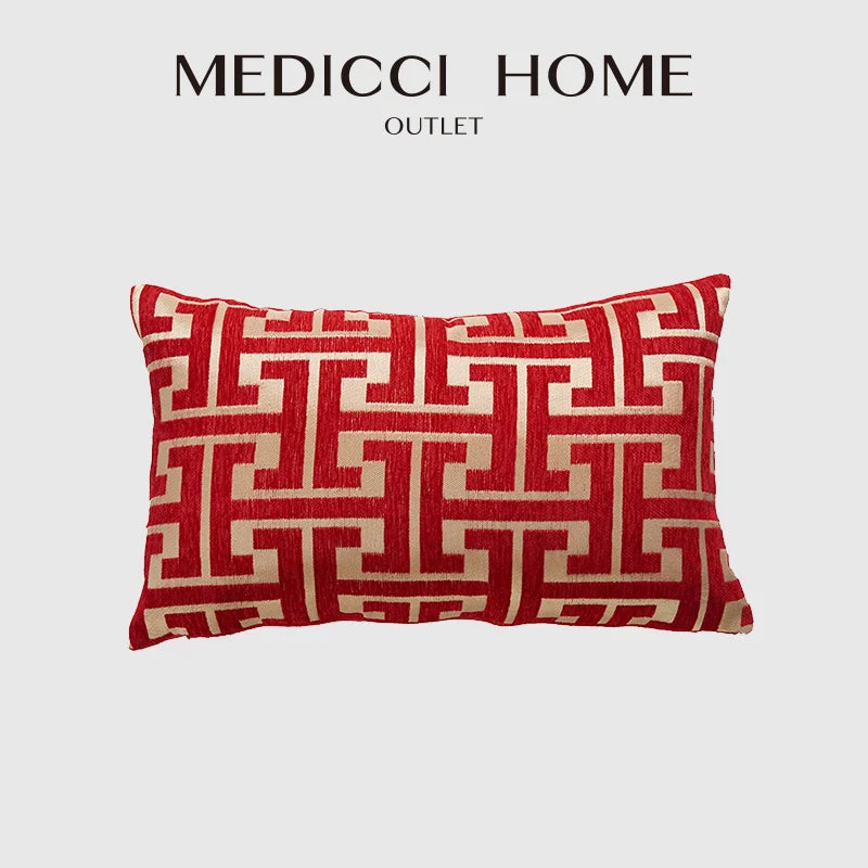 Afralia™ Geometric Chenille Lumbar Pillowcase - Modern Red Gold Jacquard Decor Cover