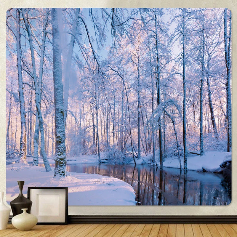 Afralia™ Christmas Snow Forest Tapestry: Bohemian Bedroom Wall Decoration