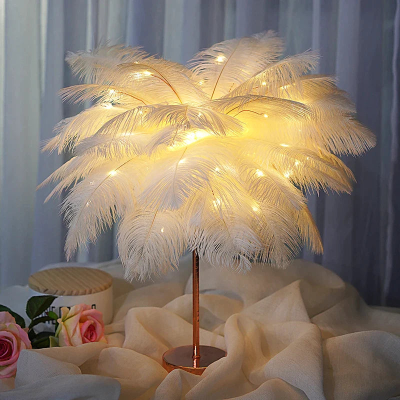 Afralia™ Feather Table Lamp: Creative Warm White Light Tree with Pink & White Feather Lampshade