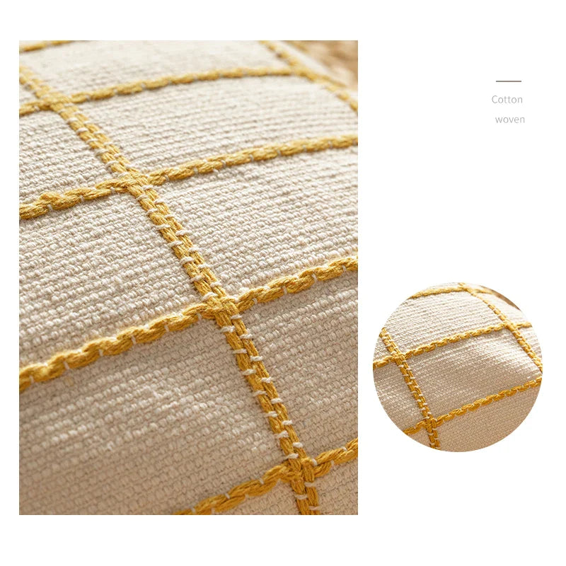 Afralia™ Cotton Woven Check Yellow Grey Ivory Cushion Cover for Home Living Room