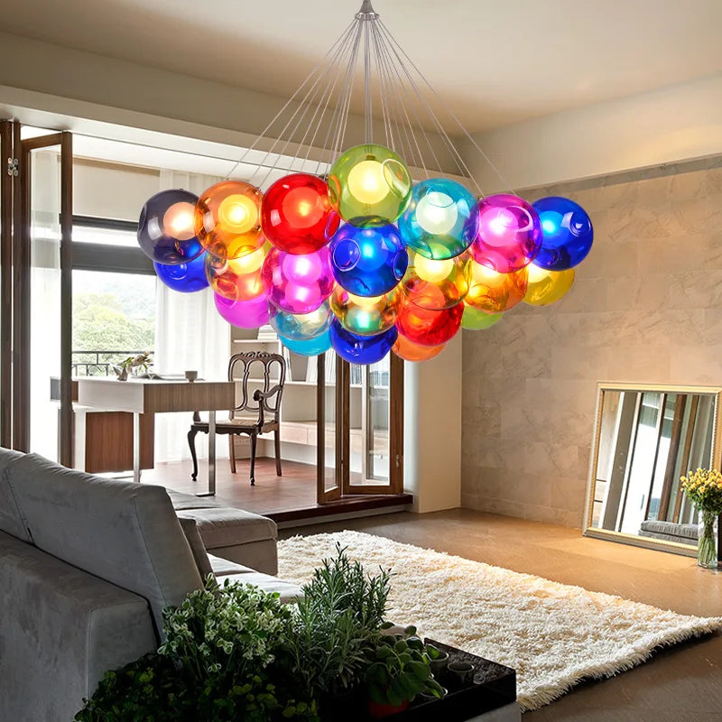 Afralia™ Clear Glass Chandelier with Colorful Sconces, LED Pendant Light for Living Room and Kids Room