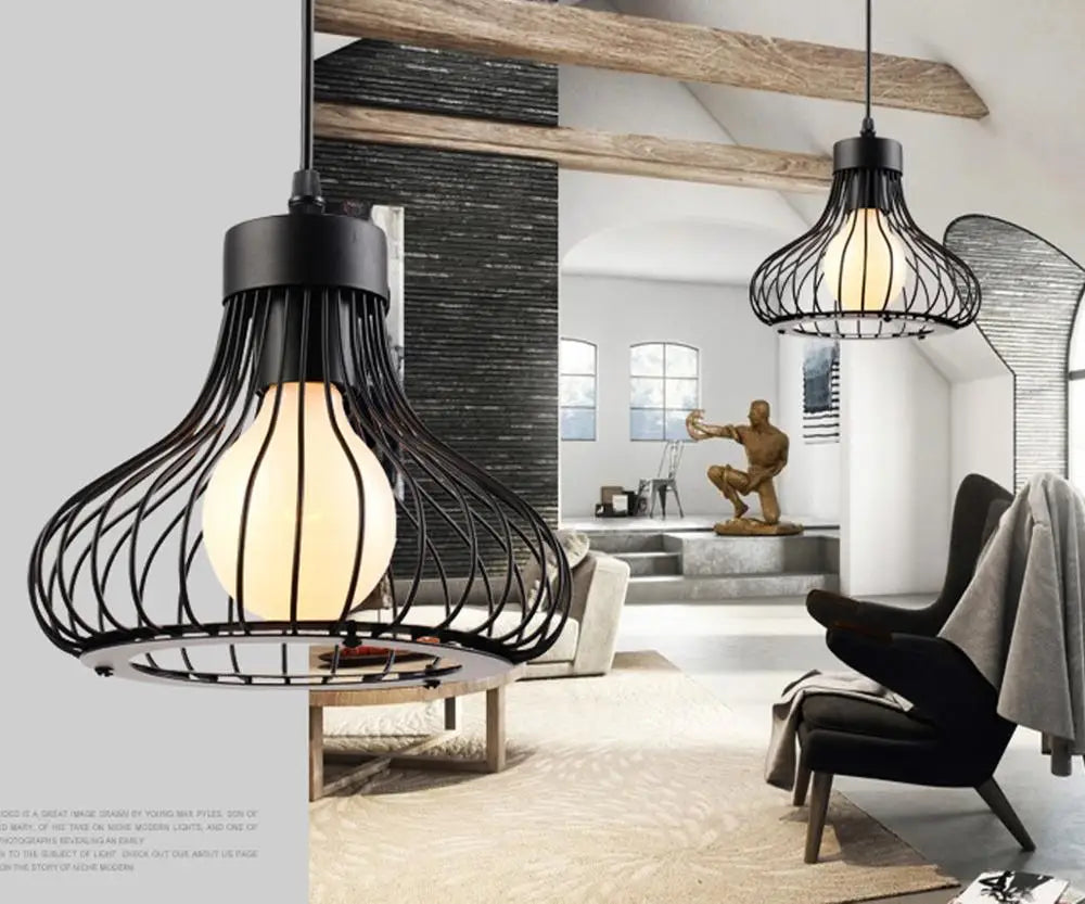 Afralia™ Iron Cage Pendant Lights for Modern Vintage Loft, Retro Home Decor Kitchen Bar LED
