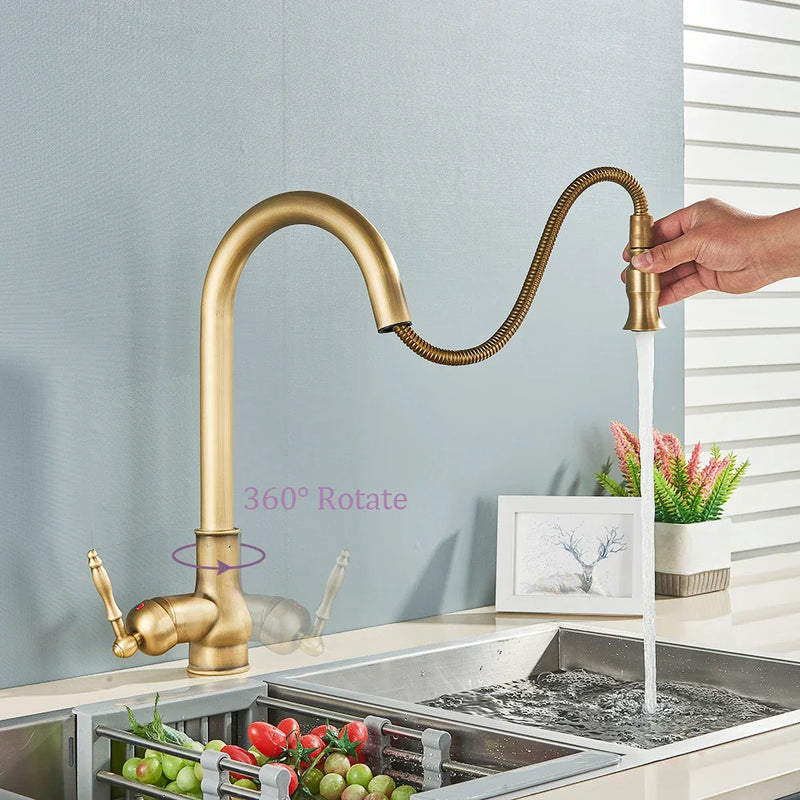 Afralia™ Antique Brass Kitchen Faucet Swivel Spout Pull Down Hot Cold Mixer