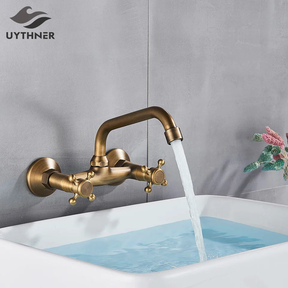 Afralia™ Swivel Spout Antique Brass Wall Mounted Kitchen Faucet Mixer Tap