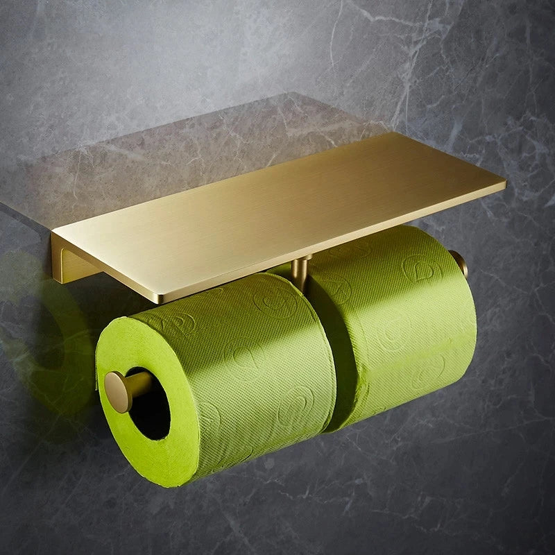 Afralia™ Brass Bath Hardware Set: Shelf, Towel Rack, Paper & Toilet Brush Holder in Brushed Gold