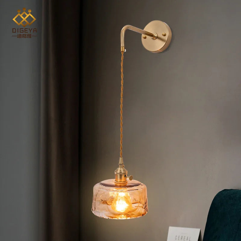 Afralia™ Amber Glass Wall Lamp Switch, Modern Copper LED Light for Home, Bedroom, Living Room