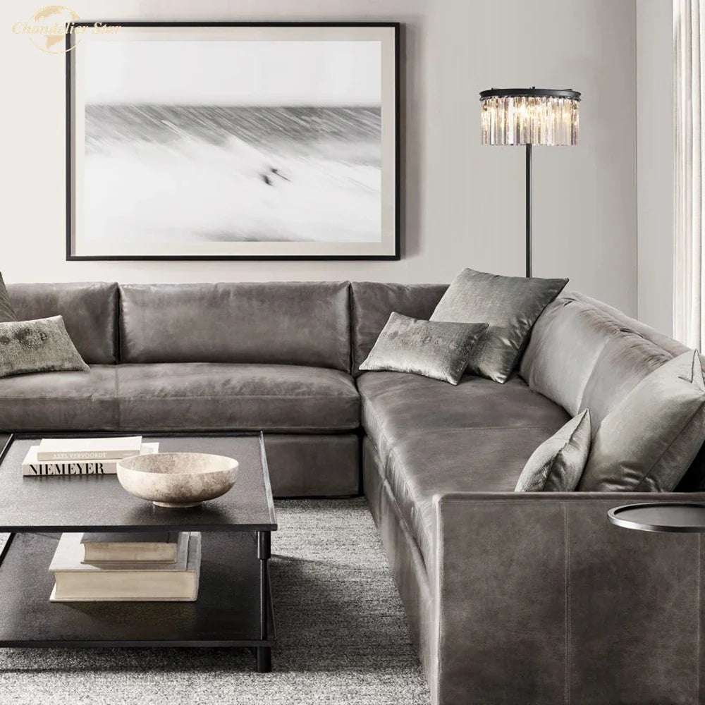 Afralia™ Industrial Crystal LED Floor Lamp Chrome Black Metal Standing Light