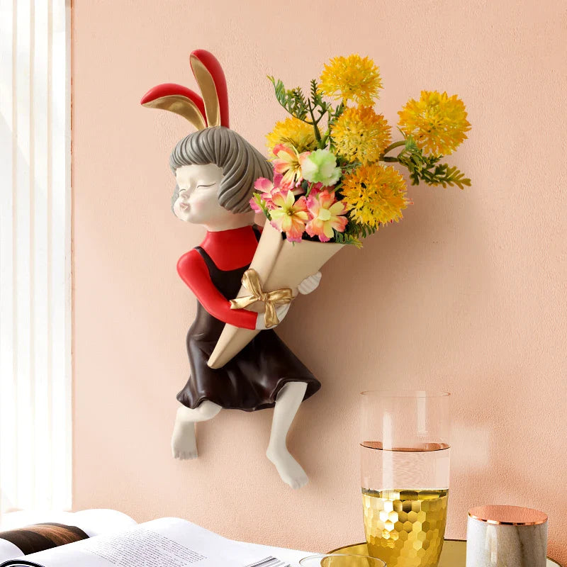Afralia™ Rabbit Girl Statue Wall Vase: Unique Room Decor with Flower Vase & Planter